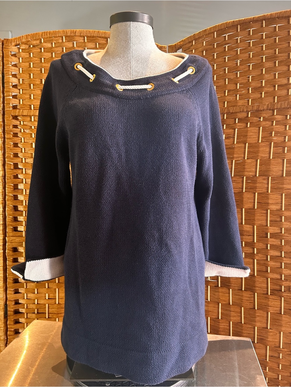 Nautical Navy Cotton Knit Tunic Top Rope Grommet Dolman XL Coastal
